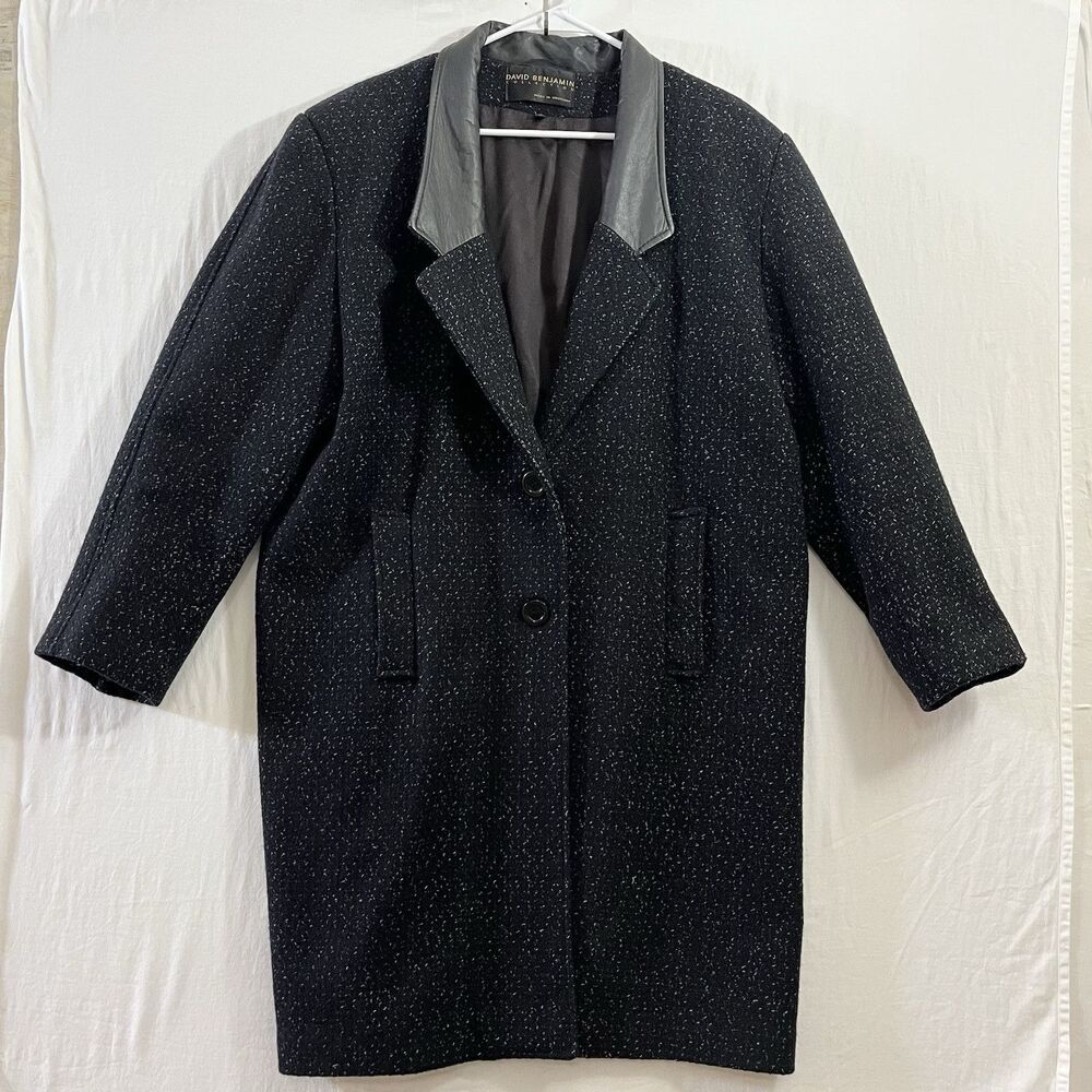 DAVID BENJAMIN Womens Sz 14 Pure Wool Leather collar Trench Overcoat Black
